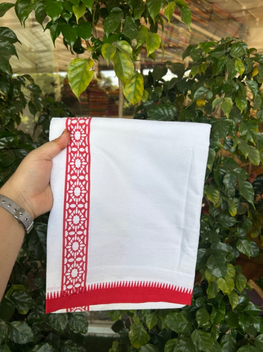 Kaitharikada - Polyster + Cotton - 20s twisted - Pure white Single Kaily / Lungi - 1.5 inch Red Printed Kuppadam Border with White colour body (2 meter / 4 muzham) - 6 KK8035 GAN
