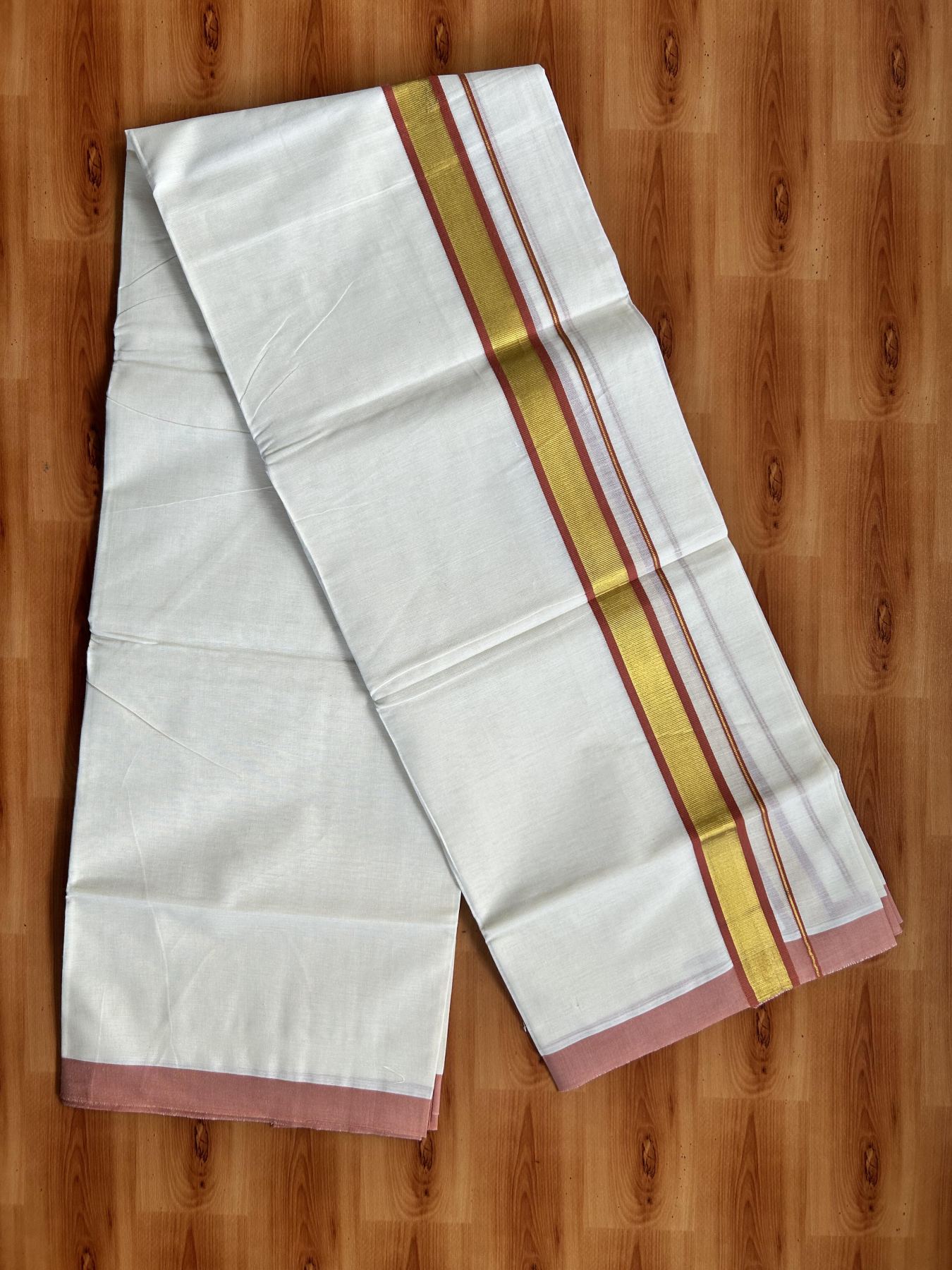 Double Off White - (Unbleached) Mundu/Dhoti - 20% Discount! KaithariKada Balaramapuram Pure Cotton - 80s - 1.25 inch Gold Kasav & Peach Brown Kara - 4 mtr (8.5 Muzham) - 32 KK5416 GAN