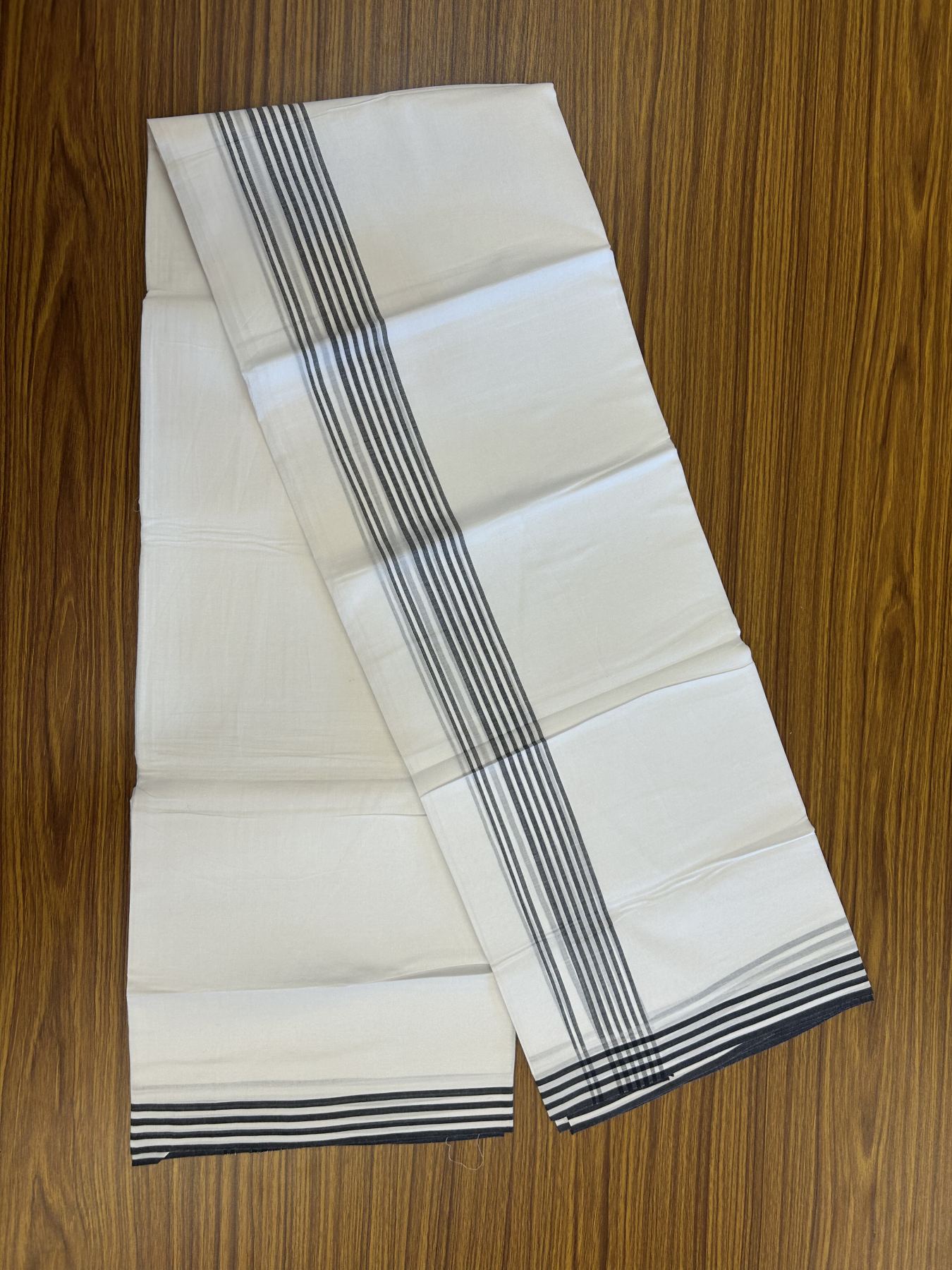 20% Discount ! Kaitharikada Balaramapuram 100% Cotton Pure White Double Mundu/Dothi - 100x80 - 1.25 inch Black Shaded Striped Kara 3.80 mtr (8 muzham) - 2 KK5319 THI