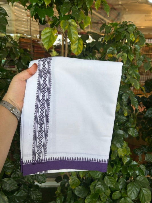 Kaitharikada - Polyster + Cotton - 20s twisted - Pure white Single Kaily / Lungi - 1.5 inch Violet Printed Kuppadam Border with White colour body (2 meter / 4 muzham) -  13 KK8035 GAN