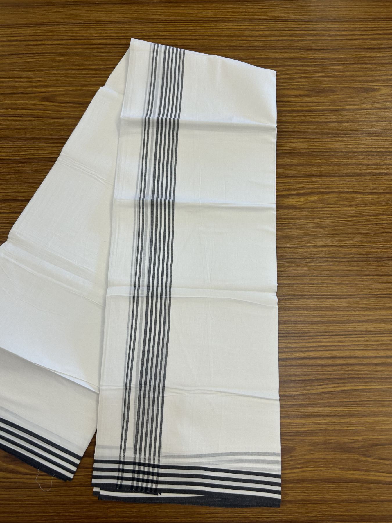 20% Discount ! Kaitharikada Balaramapuram 100% Cotton Pure White Double Mundu/Dothi - 100x80 - 1.25 inch Black Shaded Striped Kara 3.80 mtr (8 muzham) - 2 KK5319 THI