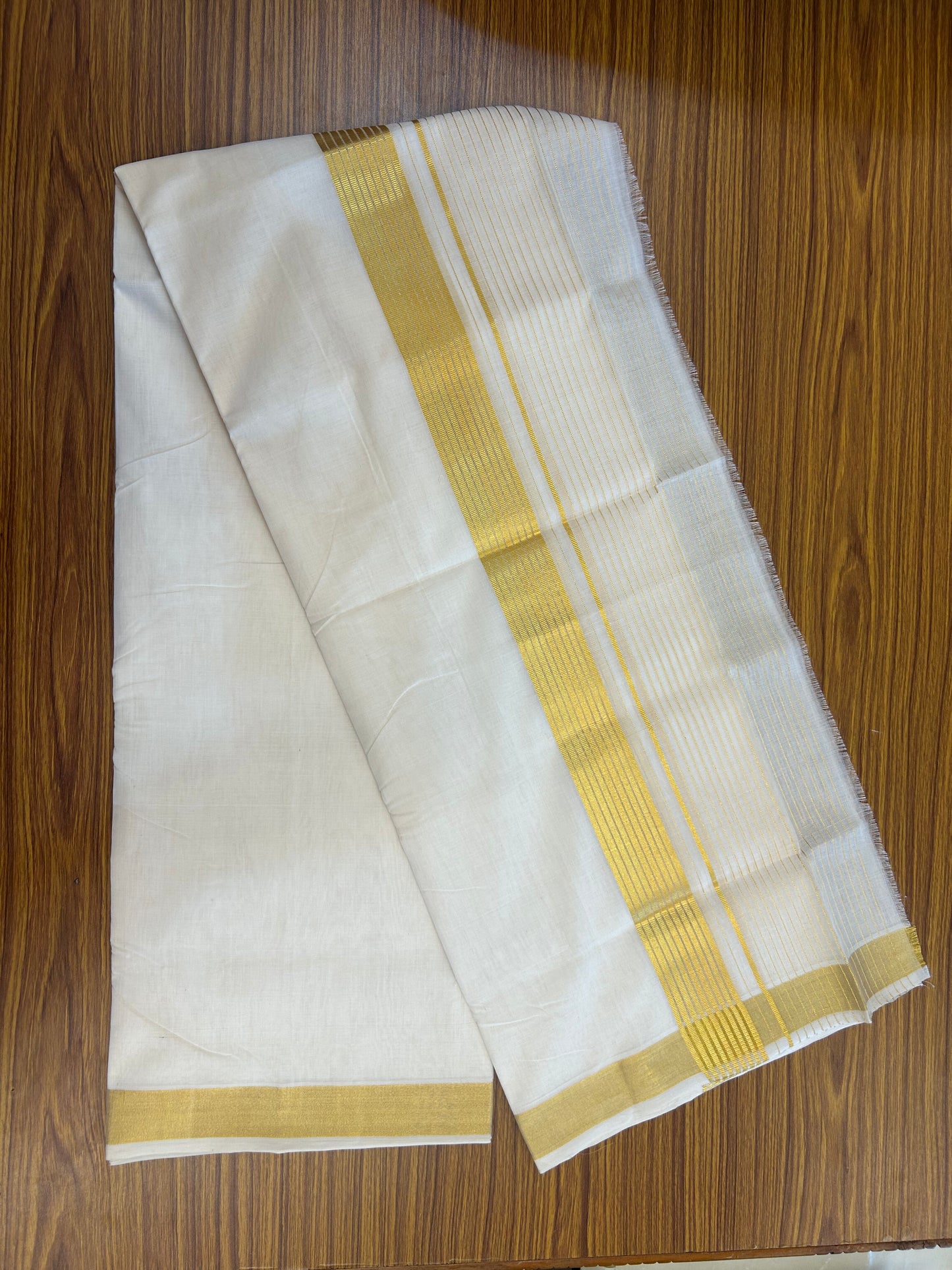25% Discount ! KaithariKada Handloom Unakkupaav Kerala Handloom - 100% Pure Cotton Off White (Unbleached) Double Mundu/Dhoti - 100x80 - 7 Inch Gold kasav Side Stripes Kara 4 mtr (8.5 muzham) - 25 KK5352 ABH