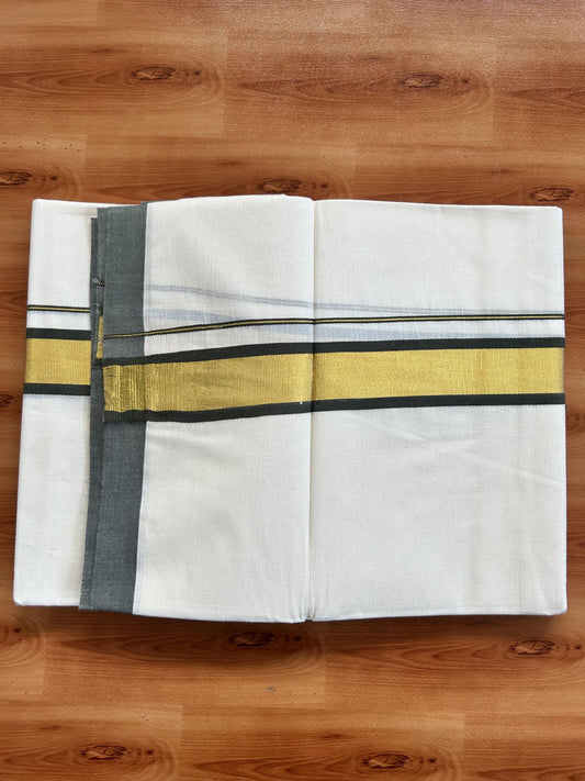 Double Off White - (Unbleached) Mundu/Dhoti - 20% Discount! KaithariKada Balaramapuram Pure Cotton - 80s - 1.25 inch Gold Kasav & Dark Sage Green Kara - 4 mtr (8.5 Muzham) - 37 KK5416 GAN
