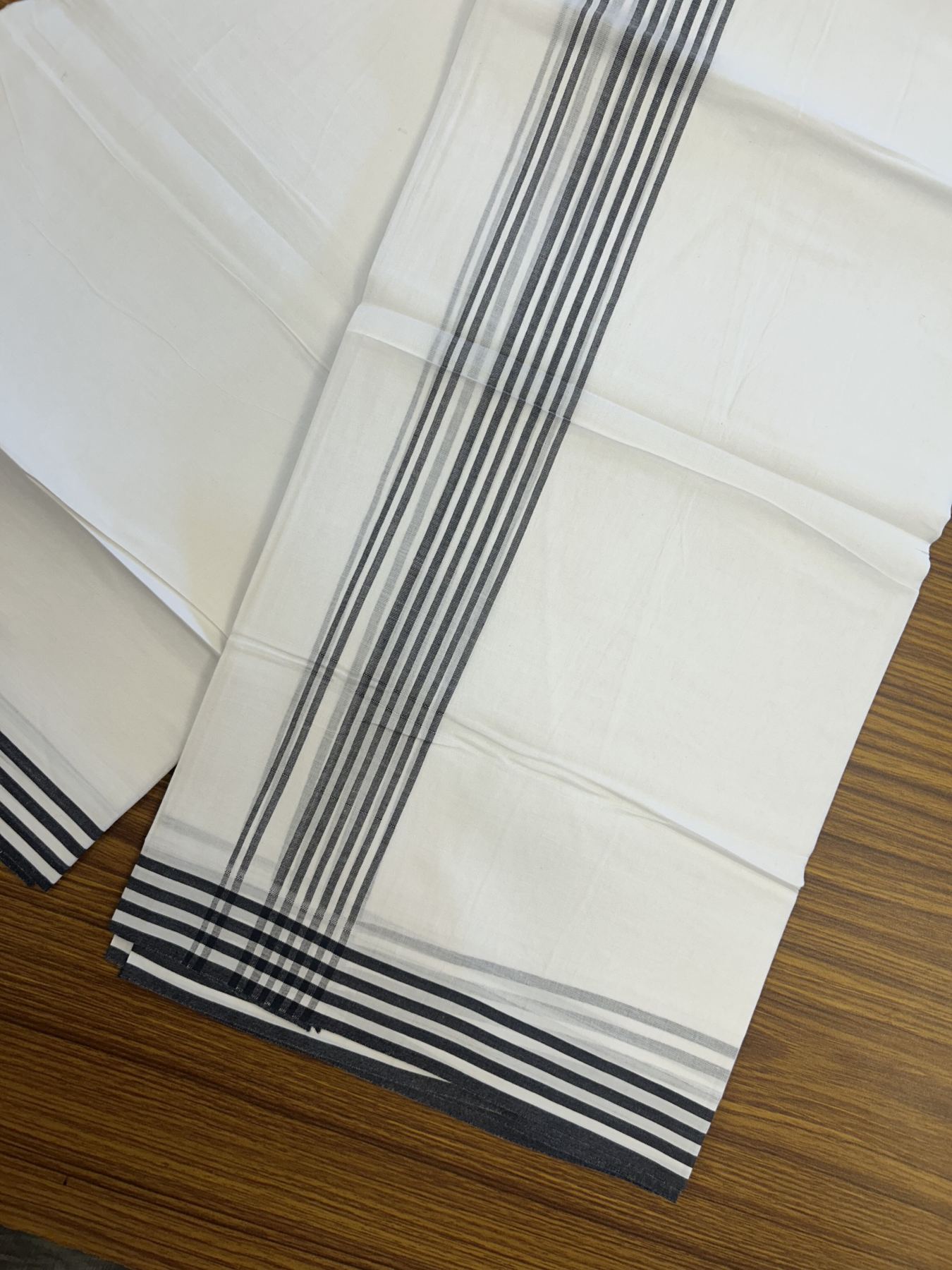 20% Discount ! Kaitharikada Balaramapuram 100% Cotton Pure White Double Mundu/Dothi - 100x80 - 1.25 inch Black Shaded Striped Kara 3.80 mtr (8 muzham) - 2 KK5319 THI