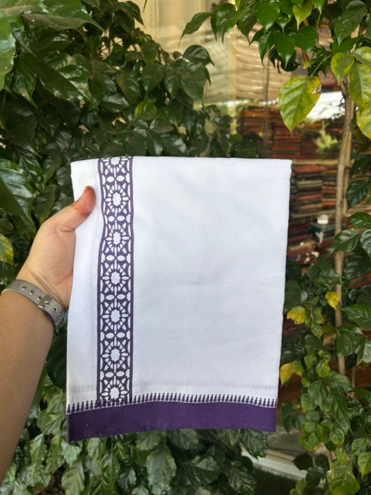 Kaitharikada - Polyster + Cotton - 20s twisted - Pure white Single Kaily / Lungi - 1.5 inch Violet Printed Kuppadam Border with White colour body (2 meter / 4 muzham) -  12 KK8035 GAN