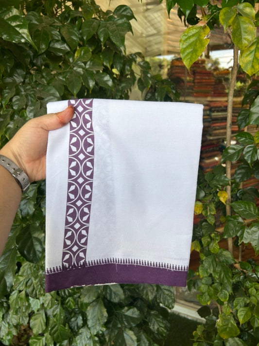 Kaitharikada - Polyster + Cotton - 20s twisted - Pure white Single Kaily / Lungi - 1.5 inch Wine Purple Printed Kuppadam Border with White colour body (2 meter / 4 muzham) -  16 KK8035 GAN