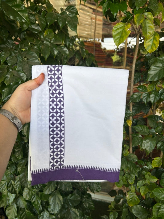 Kaitharikada - Polyster + Cotton - 20s twisted - Pure white Single Kaily / Lungi - 1.5 inch Violet Printed Kuppadam Border with White colour body (2 meter / 4 muzham) -  14 KK8035 GAN