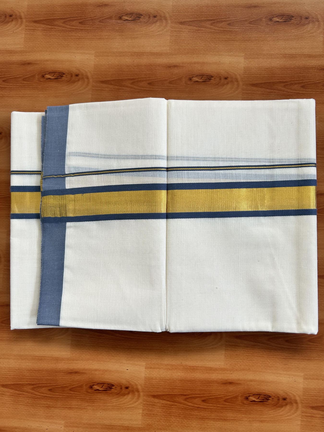 Double Off White - (Unbleached) Mundu/Dhoti - 20% Discount! KaithariKada Balaramapuram Pure Cotton - 80s - 1.25 inch Gold Kasav & Ash Blue Kara - 4 mtr (8.5 Muzham) - 39 KK5416 GAN