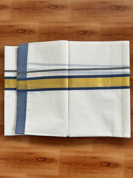 Double Off White - (Unbleached) Mundu/Dhoti - 20% Discount! KaithariKada Balaramapuram Pure Cotton - 80s - 1.25 inch Gold Kasav & Ash Blue Kara - 4 mtr (8.5 Muzham) - 39 KK5416 GAN