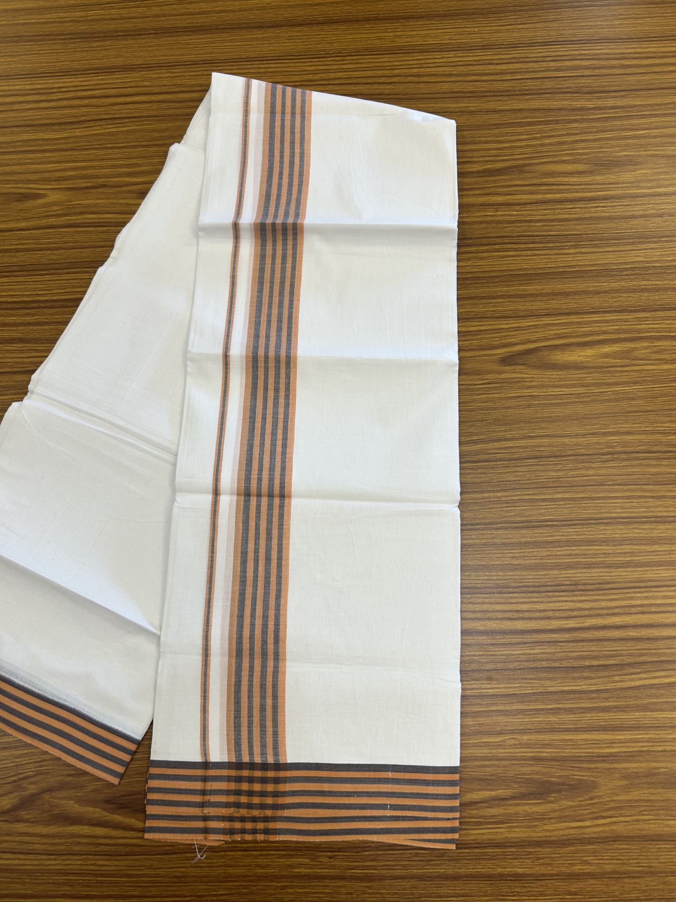 20% Discount ! Kaitharikada Balaramapuram 100% Cotton Pure White Double Mundu/Dothi - 100x80 - 1.25 inch Orange & Black Shaded Striped Kara 3.80 mtr (8 muzham) - 3 KK5319 THI