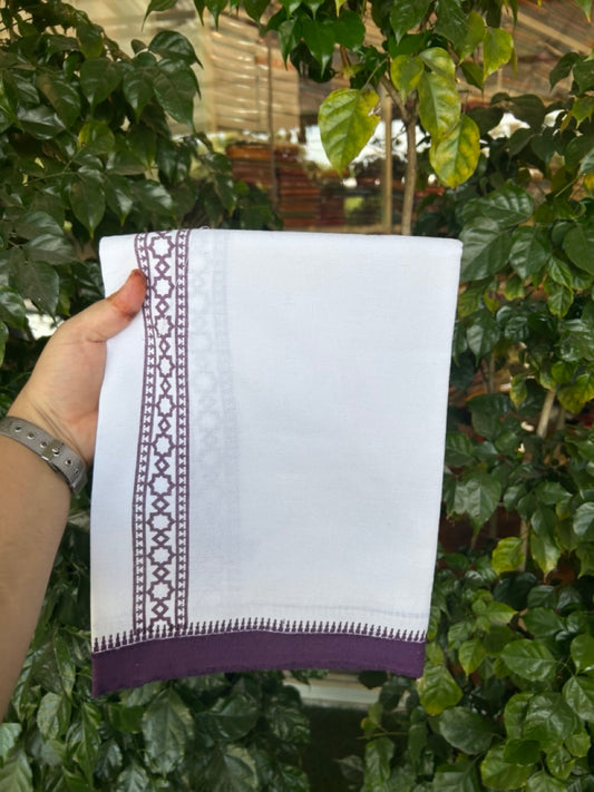 Kaitharikada - Polyster + Cotton - 20s twisted - Pure white Single Kaily / Lungi - 1.5 inch Wine Purple Printed Kuppadam Border with White colour body (2 meter / 4 muzham) -  15 KK8035 GAN