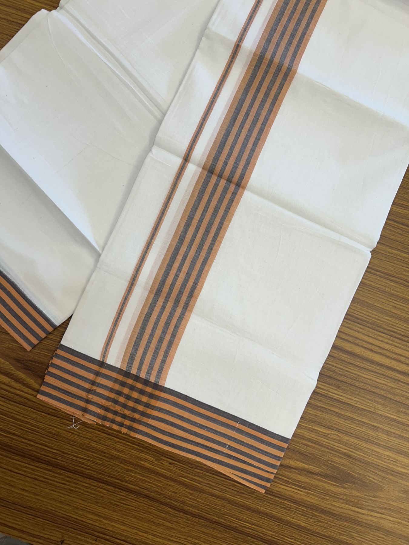 20% Discount ! Kaitharikada Balaramapuram 100% Cotton Pure White Double Mundu/Dothi - 100x80 - 1.25 inch Orange & Black Shaded Striped Kara 3.80 mtr (8 muzham) - 3 KK5319 THI