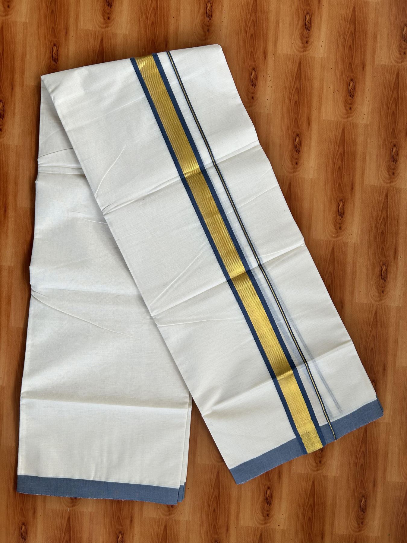 Double Off White - (Unbleached) Mundu/Dhoti - 20% Discount! KaithariKada Balaramapuram Pure Cotton - 80s - 1.25 inch Gold Kasav & Ash Blue Kara - 4 mtr (8.5 Muzham) - 39 KK5416 GAN