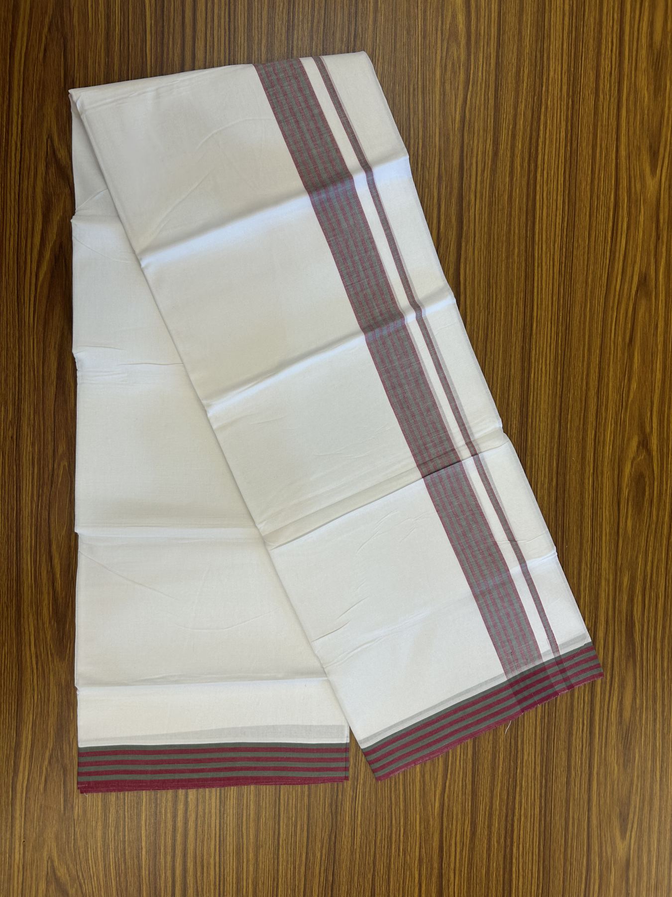 20% Discount ! Kaitharikada Balaramapuram 100% Cotton Pure White Double Mundu/Dothi - 100x80 - 1.25 inch Magenta & Green Shaded Striped Kara 3.80 mtr (8 muzham) - 4 KK5319 THI