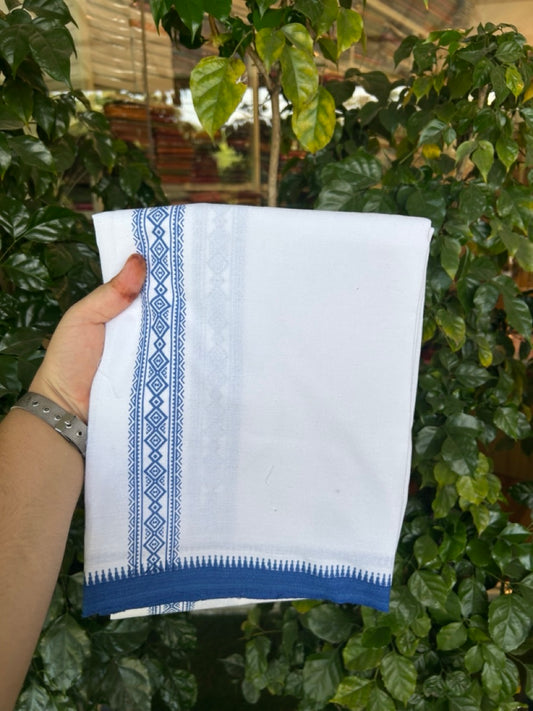 Kaitharikada - Polyster + Cotton - 20s twisted - Pure white Single Kaily / Lungi - 1.5 inch Blue Printed Kuppadam Border with White colour body (2 meter / 4 muzham) - 4 KK8035 GAN