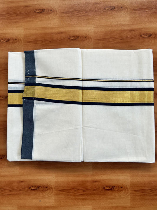 Double Off White - (Unbleached) Mundu/Dhoti - 20% Discount! KaithariKada Balaramapuram Pure Cotton - 80s - 1.25 inch Gold Kasav & Navy Blue Kara - 4 mtr (8.5 Muzham) - 38 KK5416 GAN