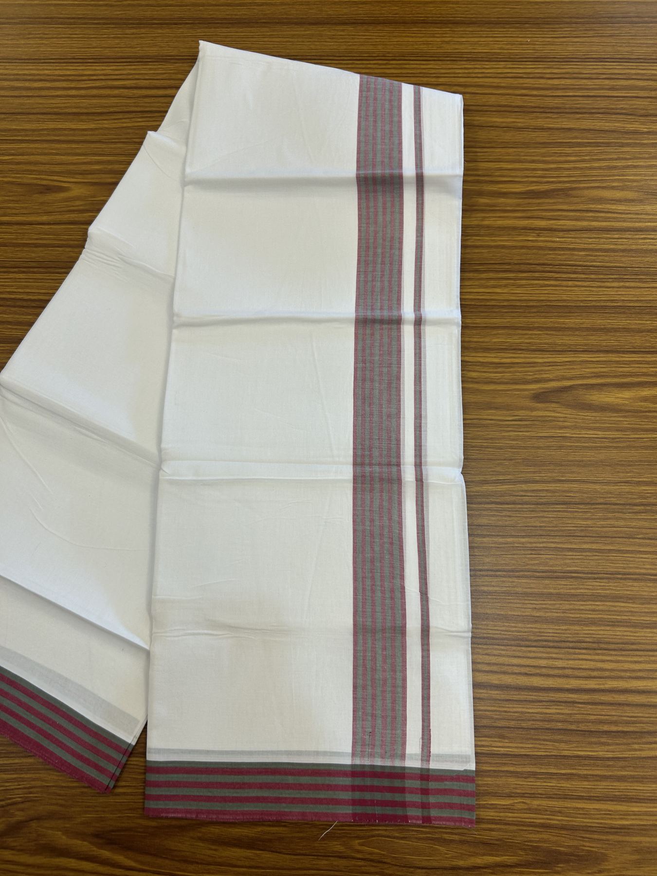 20% Discount ! Kaitharikada Balaramapuram 100% Cotton Pure White Double Mundu/Dothi - 100x80 - 1.25 inch Magenta & Green Shaded Striped Kara 3.80 mtr (8 muzham) - 4 KK5319 THI