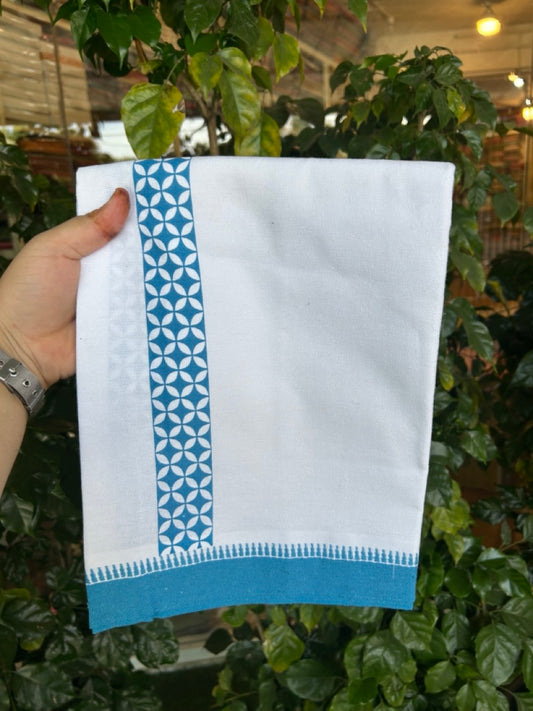 Kaitharikada - Polyster + Cotton - 20s twisted - Pure white Single Kaily / Lungi - 1.5 inch Deep Sky Blue Printed Kuppadam Border with White colour body (2 meter / 4 muzham) -  9 KK8035 GAN