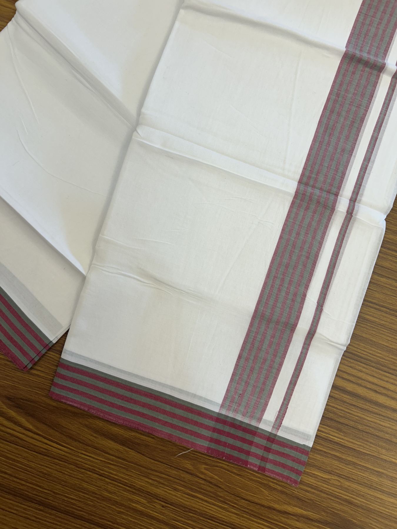 20% Discount ! Kaitharikada Balaramapuram 100% Cotton Pure White Double Mundu/Dothi - 100x80 - 1.25 inch Magenta & Green Shaded Striped Kara 3.80 mtr (8 muzham) - 4 KK5319 THI