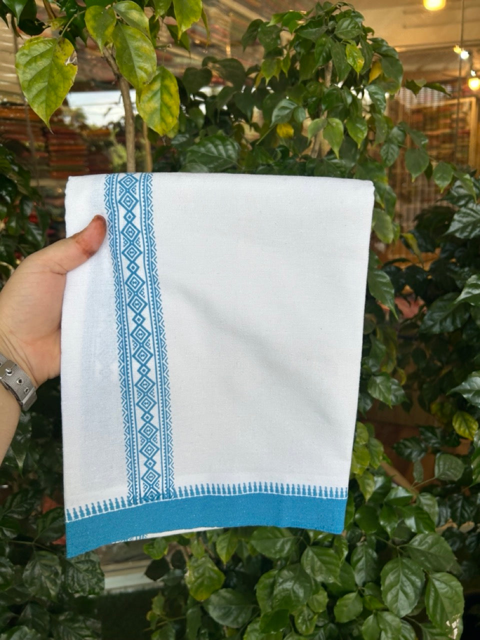 Kaitharikada - Polyster + Cotton - 20s twisted - Pure white Single Kaily / Lungi - 1.5 inch Deep Sky Blue Printed Kuppadam Border with White colour body (2 meter / 4 muzham) -  10 KK8035 GAN