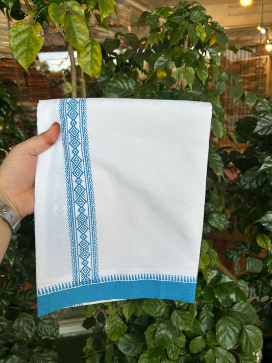 Kaitharikada - Polyster + Cotton - 20s twisted - Pure white Single Kaily / Lungi - 1.5 inch Deep Sky Blue Printed Kuppadam Border with White colour body (2 meter / 4 muzham) -  10 KK8035 GAN