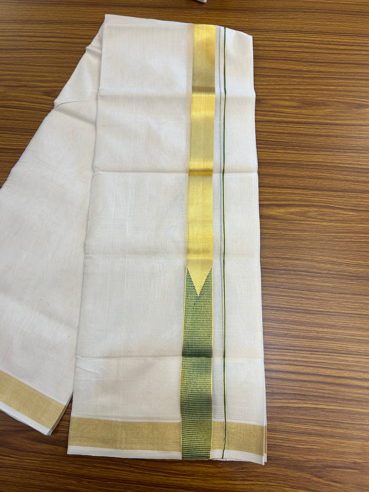 25% Discount ! KaithariKada Handloom Unakkupaav Kerala Handloom - 100% Pure Cotton Off White - (Unbleached) Double Mundu/Dhoti - 100x80 - 1.5 Inch Gold Kasav & Green Chutty kara 4 mtr( 8.5 muzham) - 28 KK5352 ABH