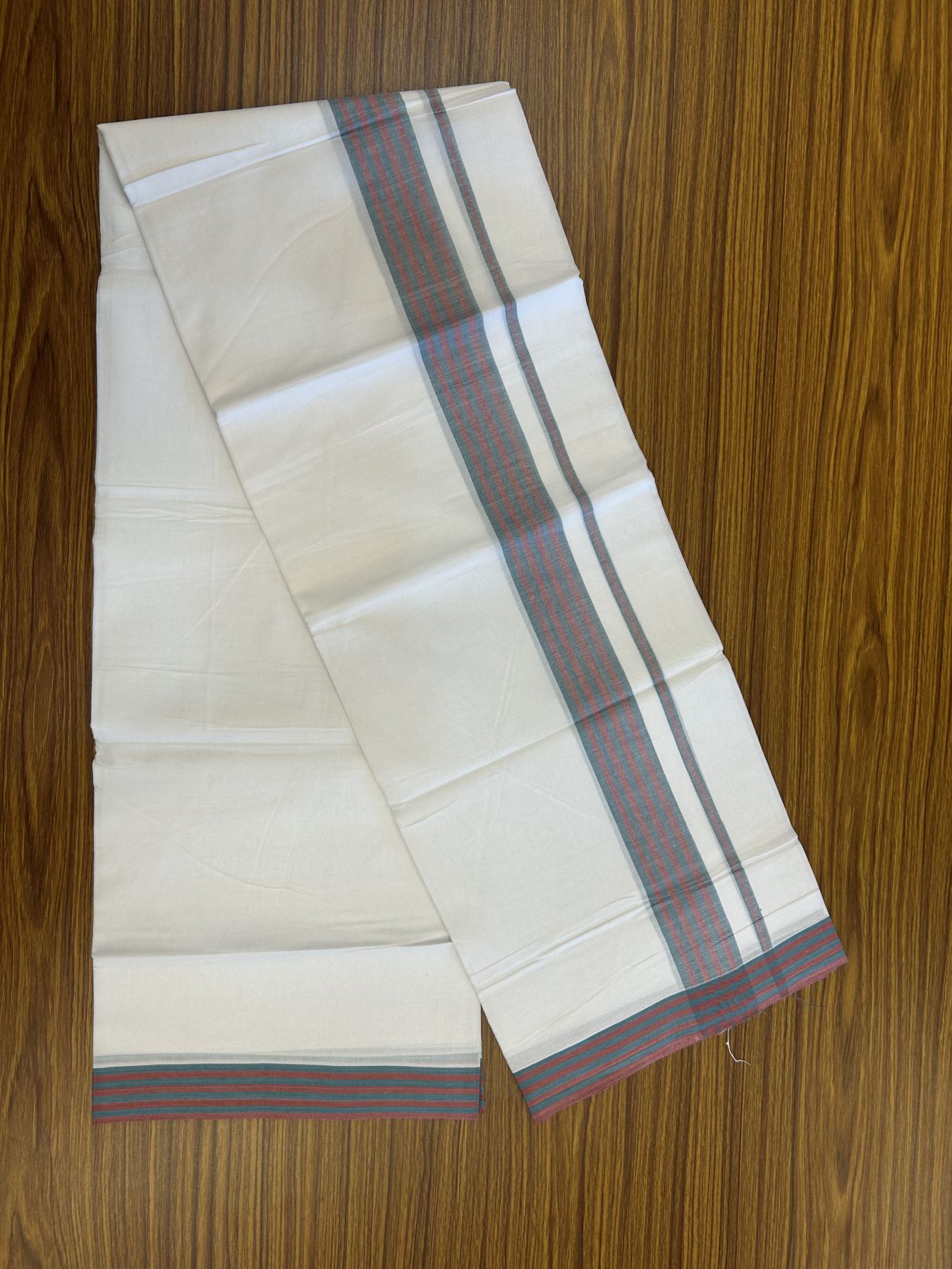 20% Discount ! Kaitharikada Balaramapuram 100% Cotton Pure White Double Mundu/Dothi - 100x80 - 1.25 inch Peacock Blue & Maroon Shaded Striped Kara 3.80 mtr (8 muzham) - 5 KK5319 THI