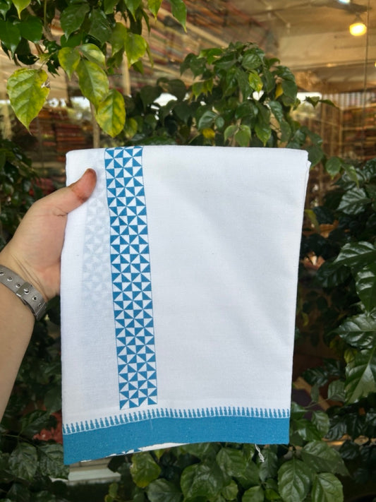 Kaitharikada - Polyster + Cotton - 20s twisted - Pure white Single Kaily / Lungi - 1.5 inch Deep Sky Blue Printed Kuppadam Border with White colour body (2 meter / 4 muzham) -  11 KK8035 GAN