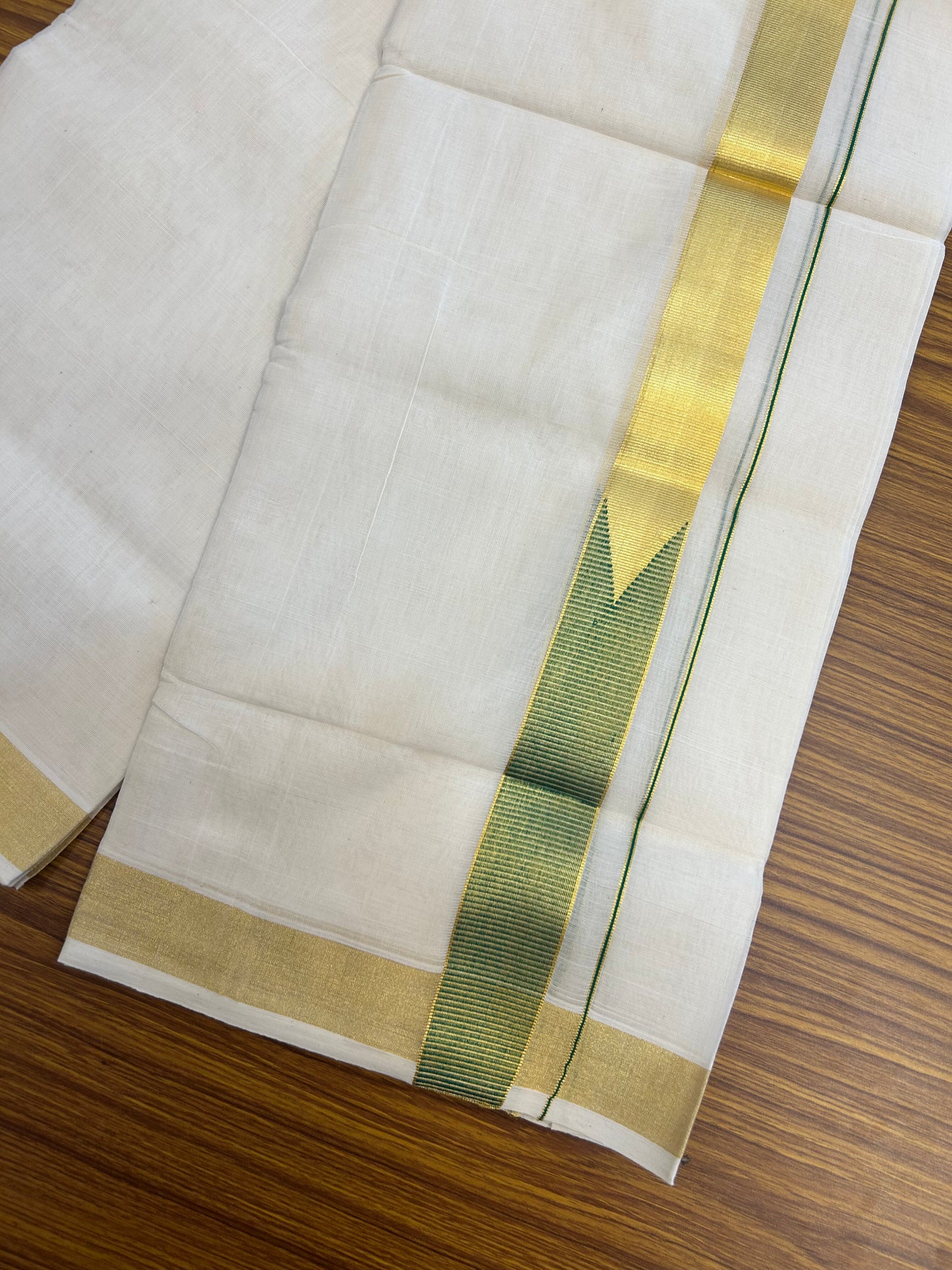 25% Discount ! KaithariKada Handloom Unakkupaav Kerala Handloom - 100% Pure Cotton Off White - (Unbleached) Double Mundu/Dhoti - 100x80 - 1.5 Inch Gold Kasav & Green Chutty kara 4 mtr( 8.5 muzham) - 28 KK5352 ABH