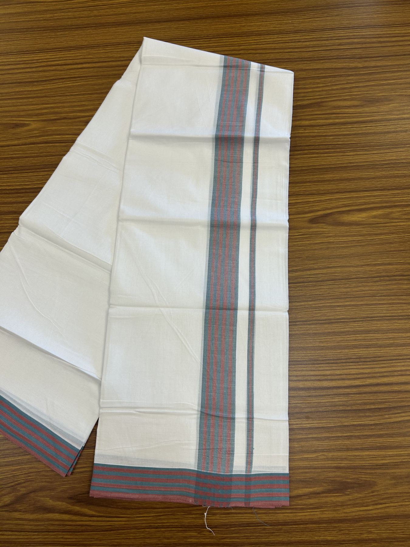 20% Discount ! Kaitharikada Balaramapuram 100% Cotton Pure White Double Mundu/Dothi - 100x80 - 1.25 inch Peacock Blue & Maroon Shaded Striped Kara 3.80 mtr (8 muzham) - 5 KK5319 THI