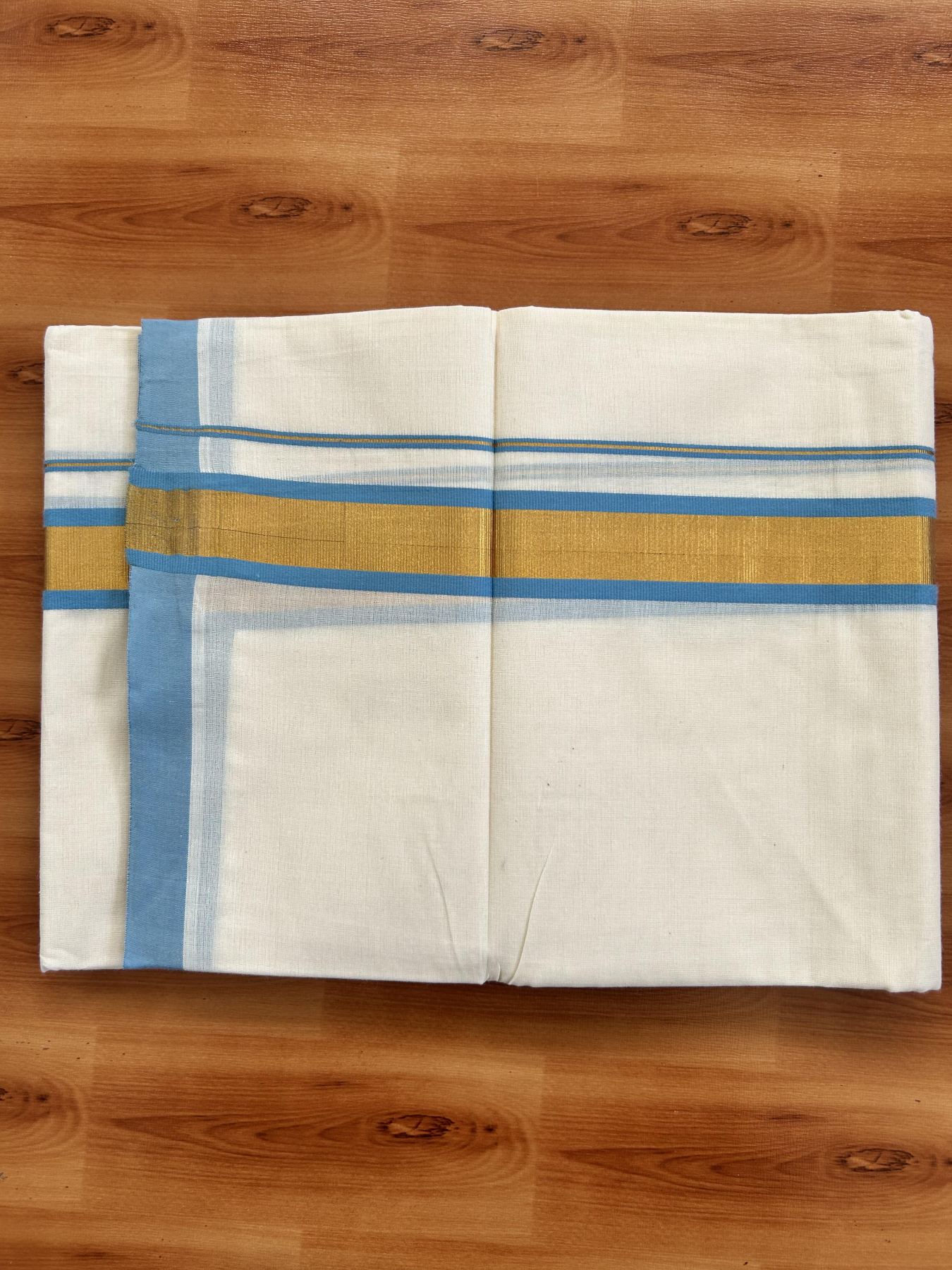 Double Off White - (Unbleached) Mundu/Dhoti - 20% Discount! KaithariKada Balaramapuram Pure Cotton - 80s - 1.25 inch Gold Kasav & Sky Blue Kara - 4 mtr (8.5 Muzham) - 41 KK5416 GAN