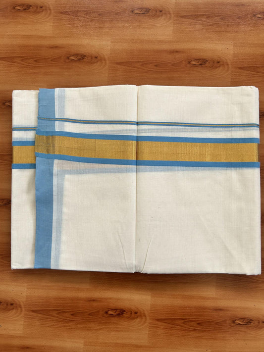 Double Off White - (Unbleached) Mundu/Dhoti - 20% Discount! KaithariKada Balaramapuram Pure Cotton - 80s - 1.25 inch Gold Kasav & Sky Blue Kara - 4 mtr (8.5 Muzham) - 41 KK5416 GAN