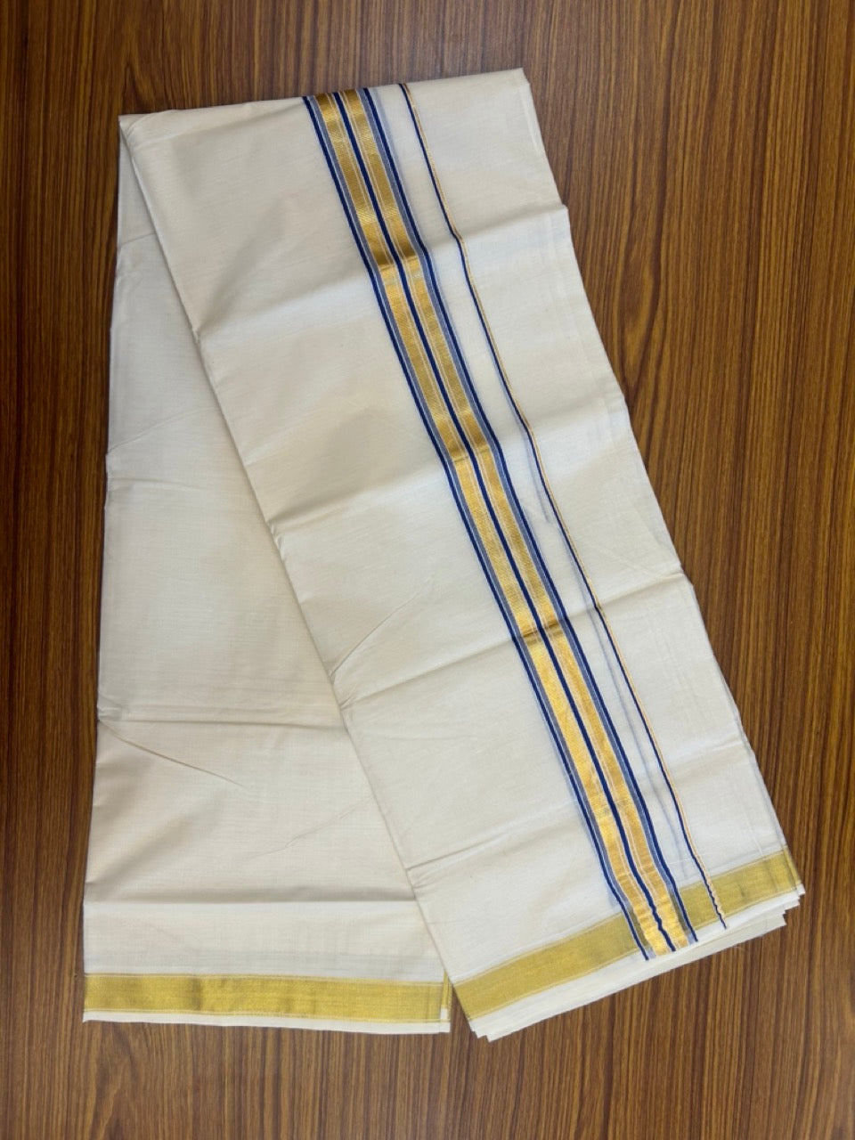20% Discount! KaithariKada Balaramapuram 100% Cotton Double Off White - (Unbleached) Mundu/Dhoti - 80x80 - 1.5 inch Kasavu & Blue stripes kara - 4 mtrs - 23 KK5281 GAN