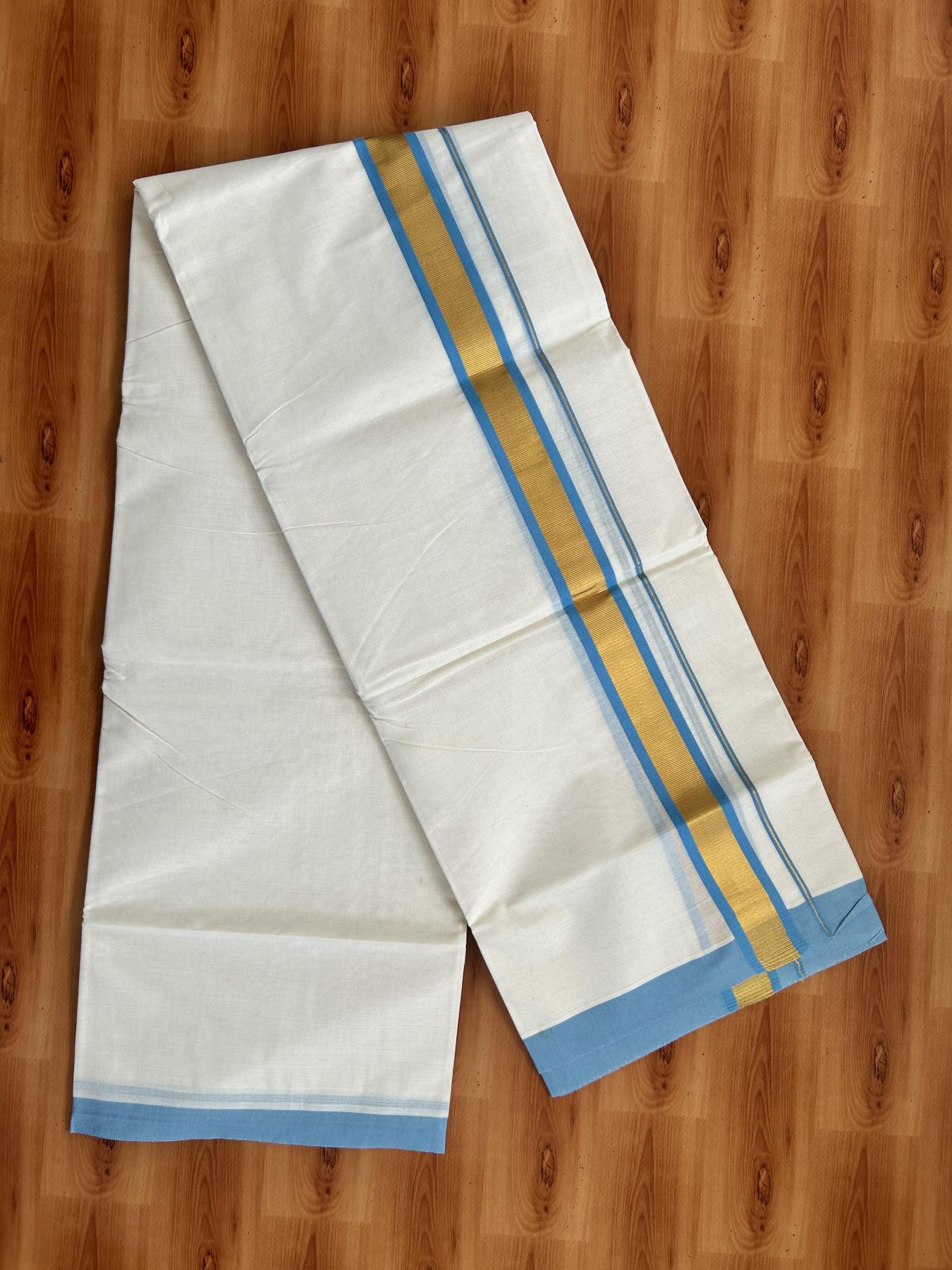 Double Off White - (Unbleached) Mundu/Dhoti - 20% Discount! KaithariKada Balaramapuram Pure Cotton - 80s - 1.25 inch Gold Kasav & Sky Blue Kara - 4 mtr (8.5 Muzham) - 41 KK5416 GAN