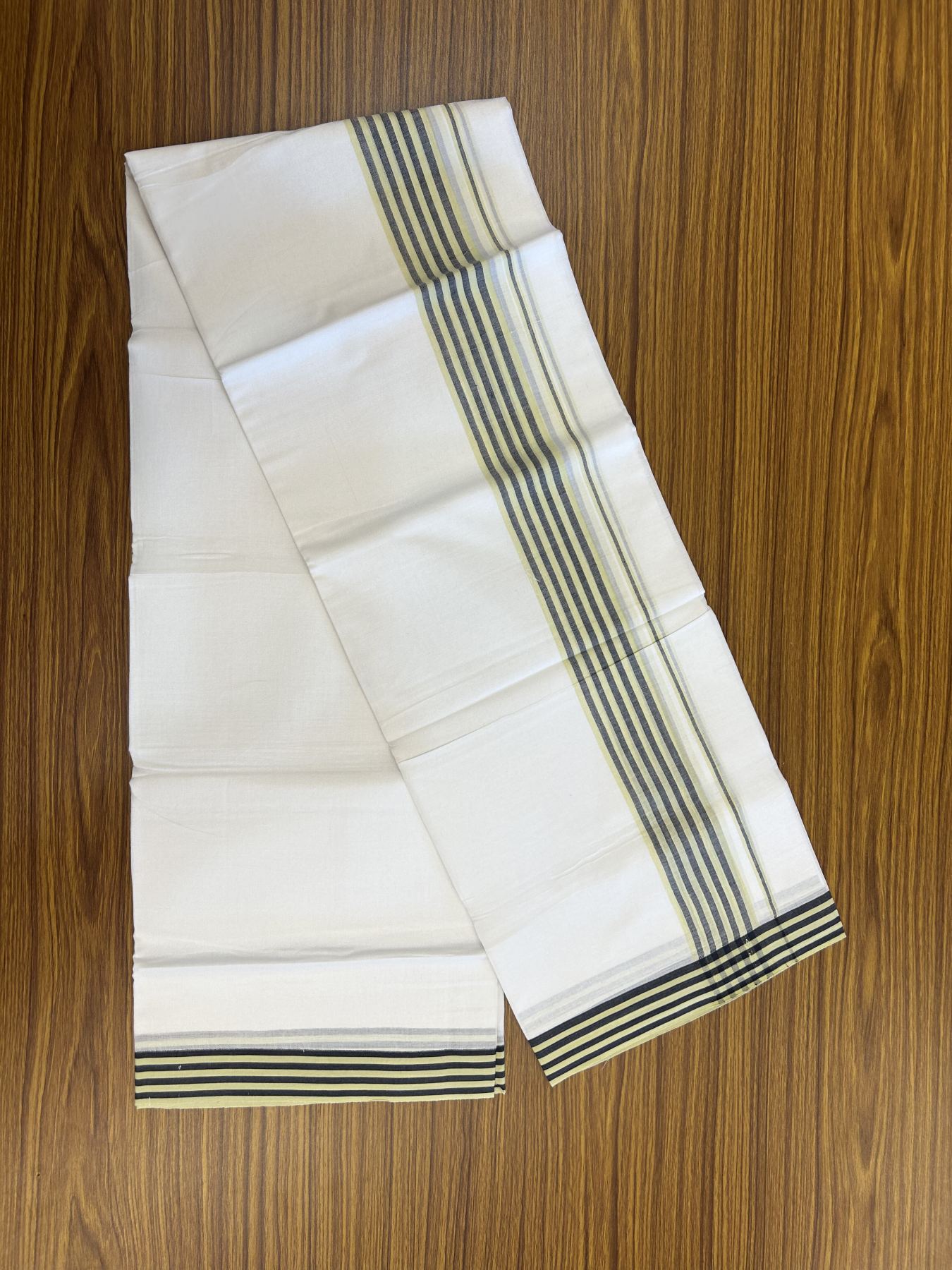 20% Discount ! Kaitharikada Balaramapuram 100% Cotton Pure White Double Mundu/Dothi - 100x80 - 1.25 inch Light Yellow & Black Shaded Striped Kara 3.80 mtr (8 muzham) - 6 KK5319 THI