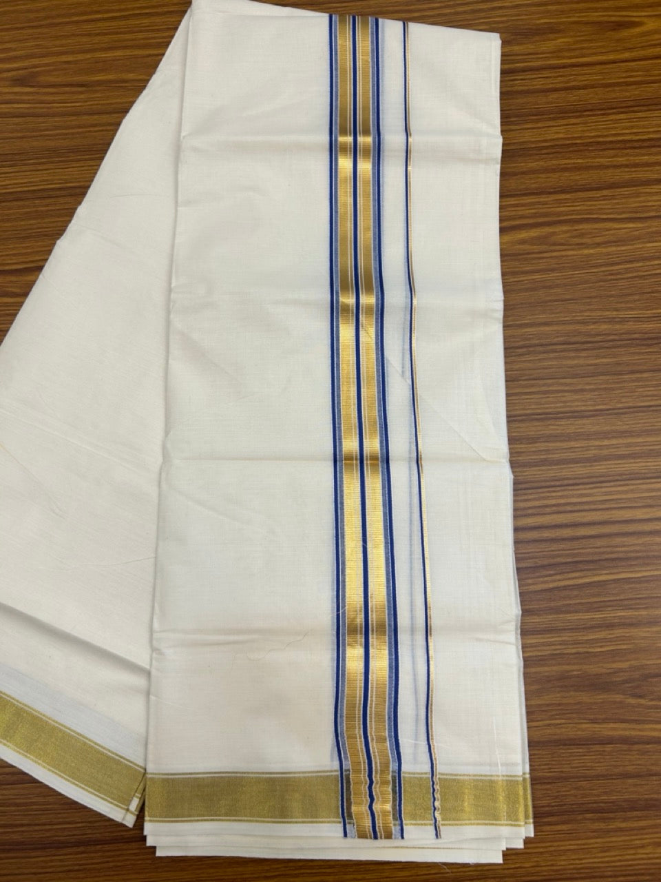 20% Discount! KaithariKada Balaramapuram 100% Cotton Double Off White - (Unbleached) Mundu/Dhoti - 80x80 - 1.5 inch Kasavu & Blue stripes kara - 4 mtrs - 23 KK5281 GAN