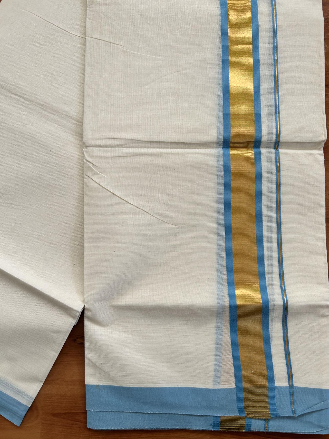 Double Off White - (Unbleached) Mundu/Dhoti - 20% Discount! KaithariKada Balaramapuram Pure Cotton - 80s - 1.25 inch Gold Kasav & Sky Blue Kara - 4 mtr (8.5 Muzham) - 41 KK5416 GAN