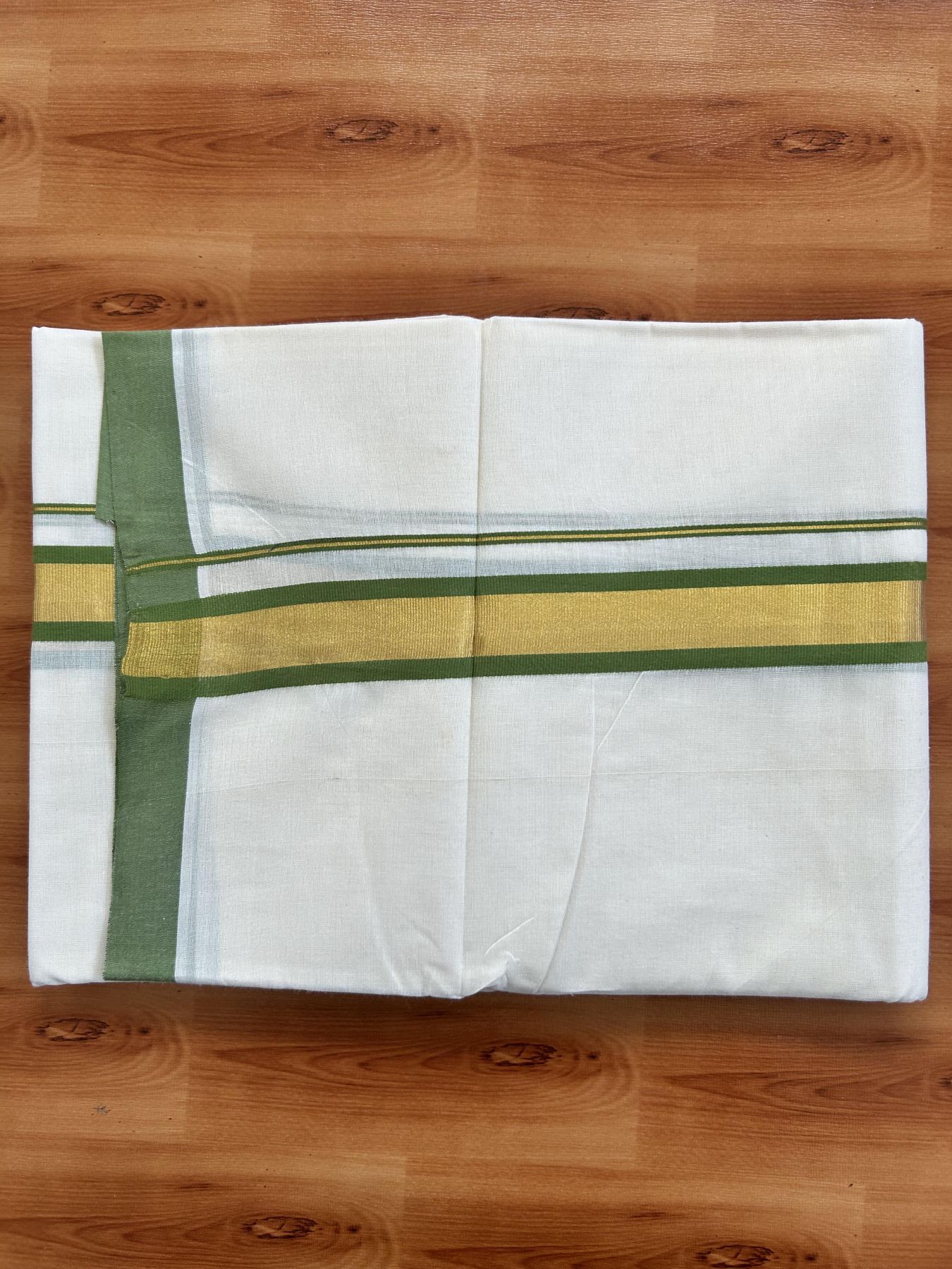 Double Off White - (Unbleached) Mundu/Dhoti - 20% Discount! KaithariKada Balaramapuram Pure Cotton - 80s - 1.25 inch Gold Kasav & Parrot Green Kara - 4 mtr (8.5 Muzham) - 29 KK5416 GAN