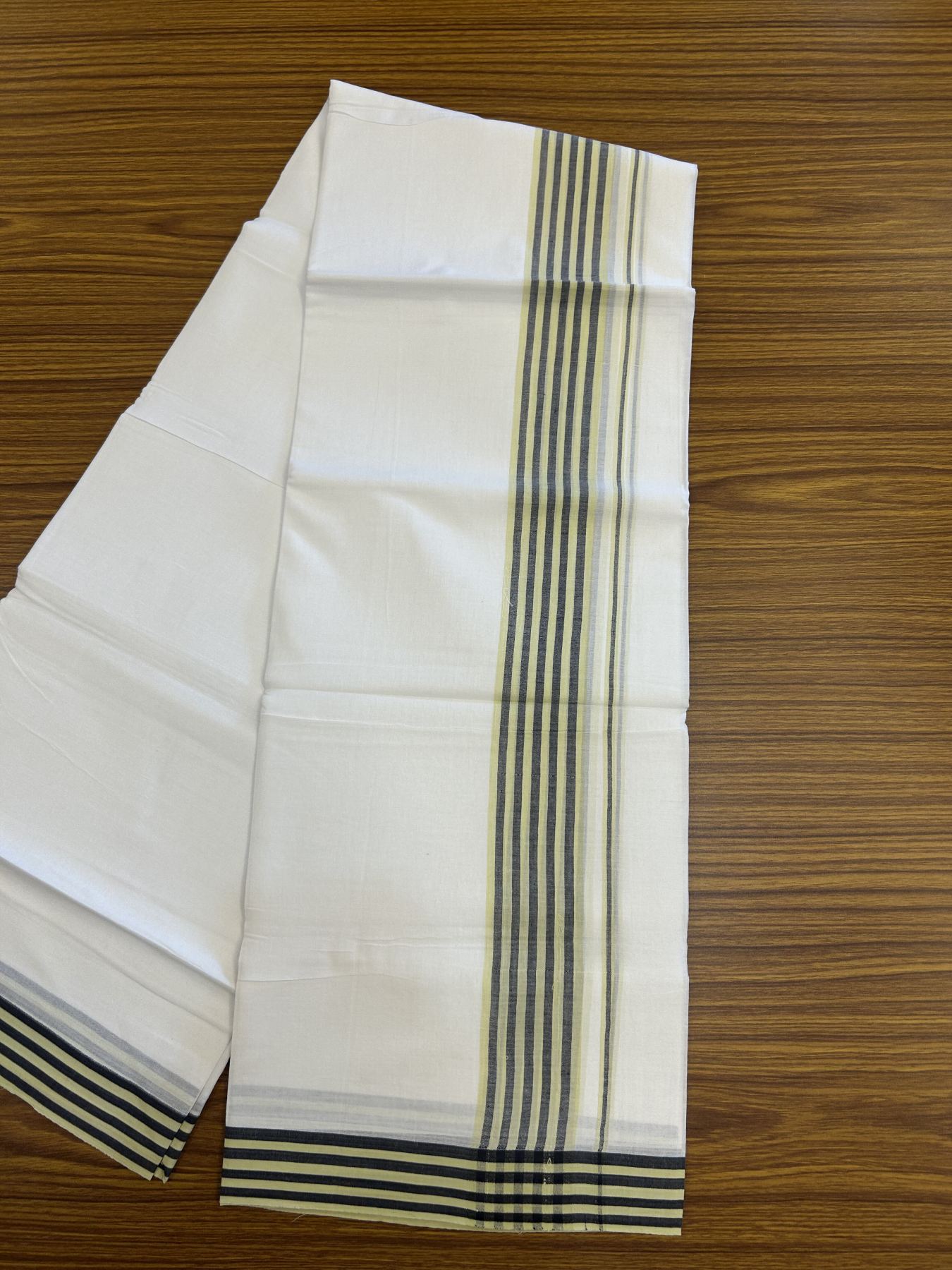 20% Discount ! Kaitharikada Balaramapuram 100% Cotton Pure White Double Mundu/Dothi - 100x80 - 1.25 inch Light Yellow & Black Shaded Striped Kara 3.80 mtr (8 muzham) - 6 KK5319 THI