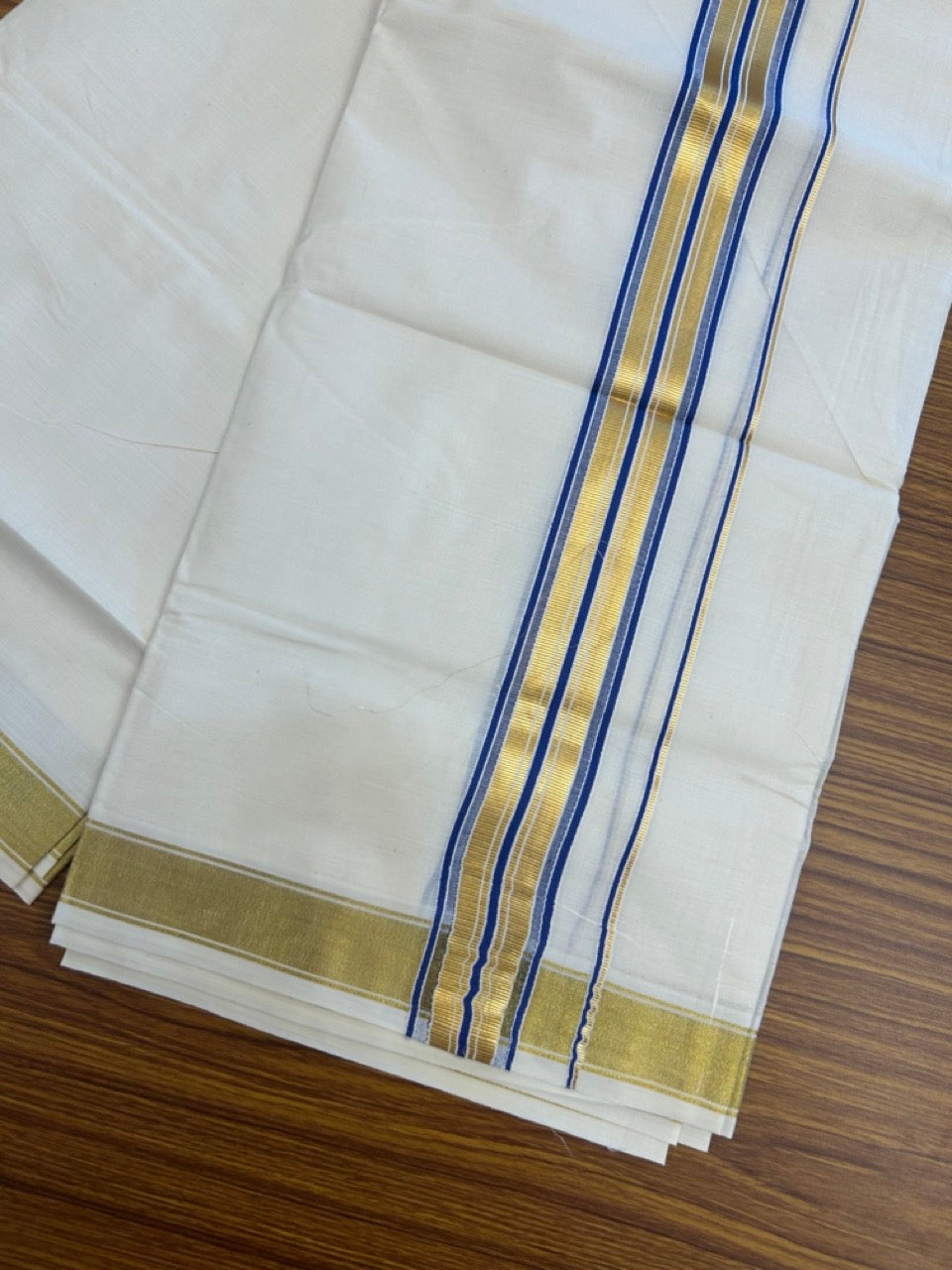 20% Discount! KaithariKada Balaramapuram 100% Cotton Double Off White - (Unbleached) Mundu/Dhoti - 80x80 - 1.5 inch Kasavu & Blue stripes kara - 4 mtrs - 23 KK5281 GAN