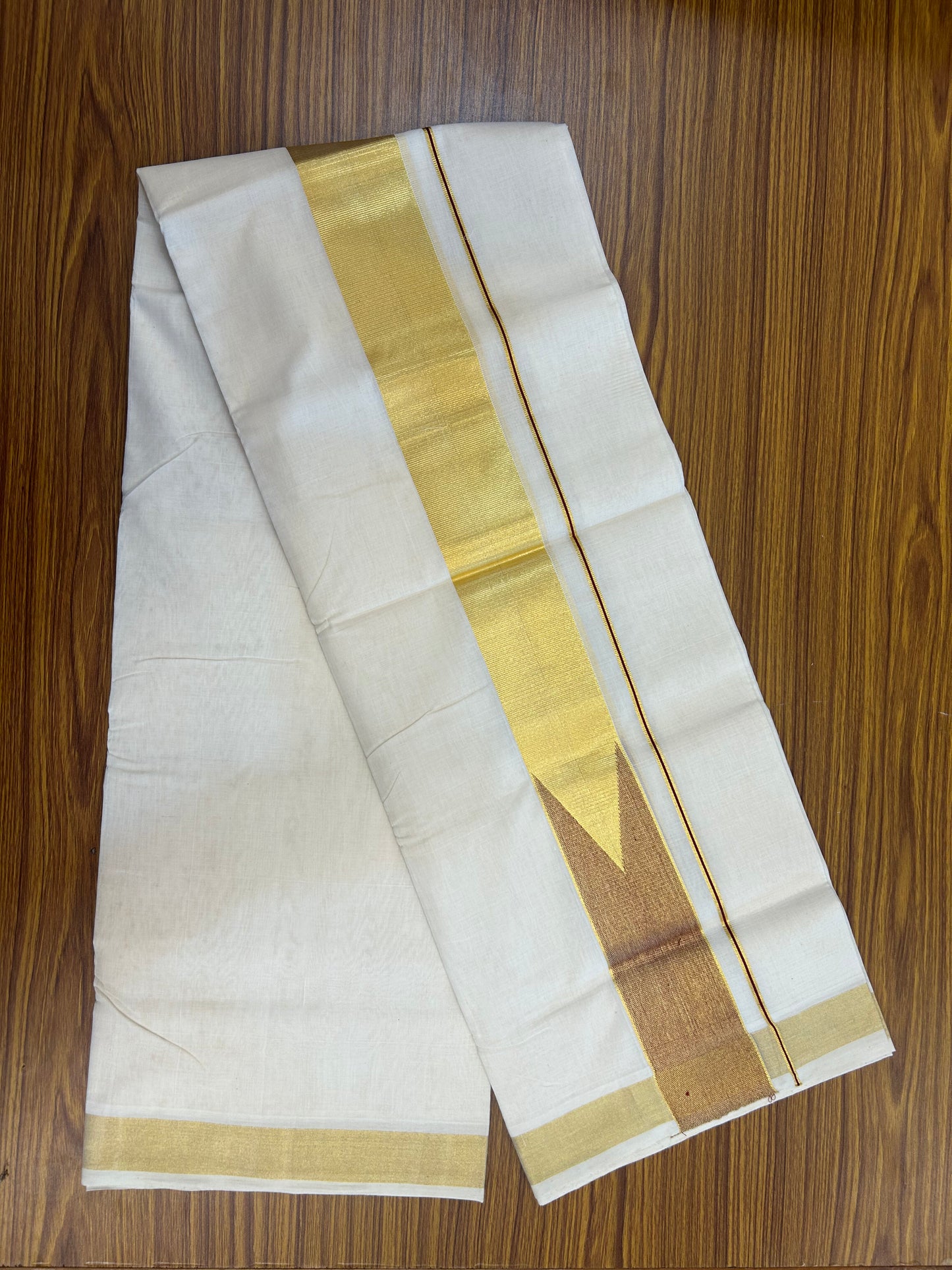 25% Discount ! KaithariKada Handloom Unakkupaav Kerala Handloom - 100% Pure Cotton Off White - (Unbleached) Double Mundu/Dhoti - 100x80 - 2.5 Inch Gold Kasav & Maroon Chutty kara 4 mtr( 8.5 muzham) - 30 KK5352 ABH