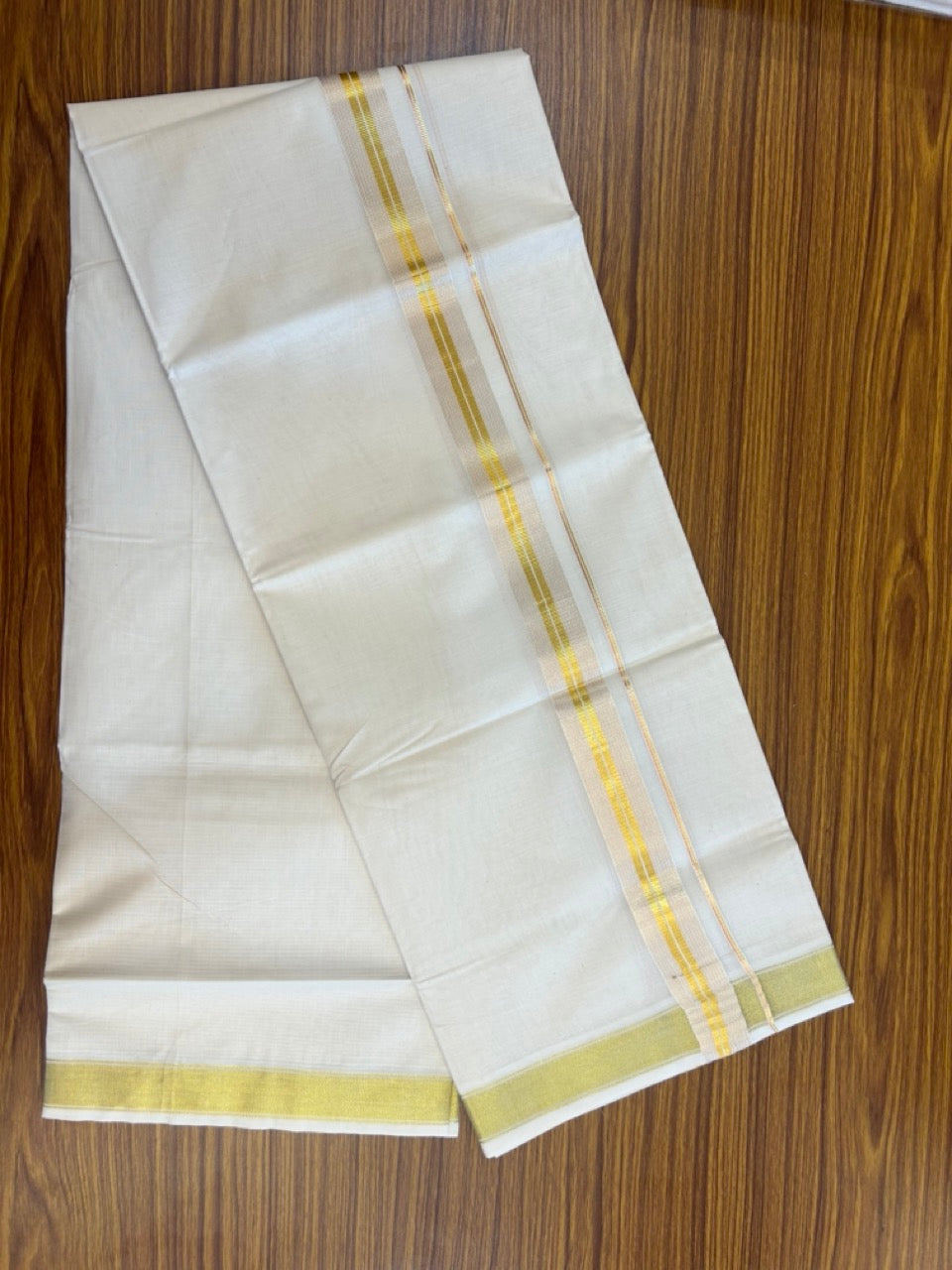 20% Discount! KaithariKada Balaramapuram 100% Cotton Double Off White - (Unbleached) Mundu/Dhoti - 80x80 - 1.5 inch Kasavu & Copper kasavu stripes kara - 4 mtrs - 29 KK5281 GAN