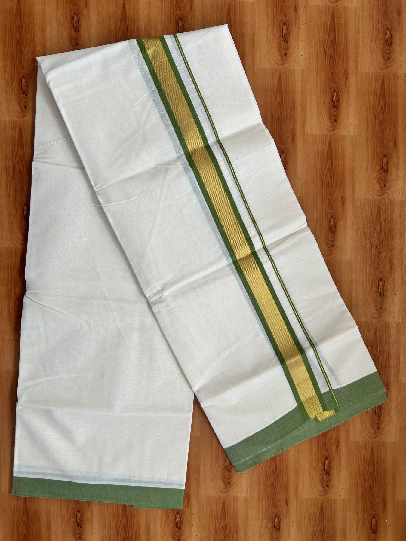 Double Off White - (Unbleached) Mundu/Dhoti - 20% Discount! KaithariKada Balaramapuram Pure Cotton - 80s - 1.25 inch Gold Kasav & Parrot Green Kara - 4 mtr (8.5 Muzham) - 29 KK5416 GAN