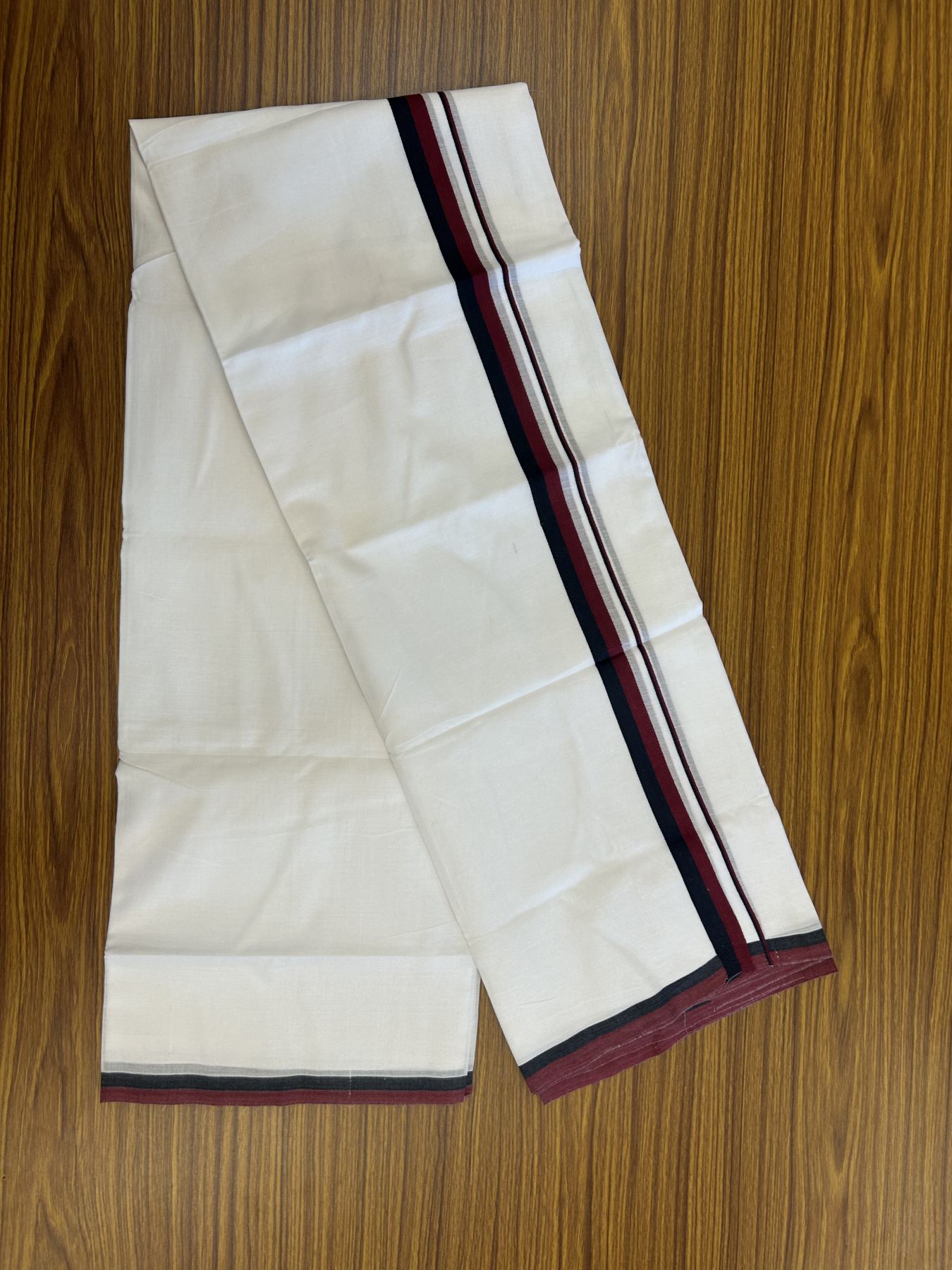 Dmk Veshti - 20% Discount ! KaithariKada 100% Cotton Pure White Double Mundu/Dhoti - 100X80 - 0.75 inch Black & Maroon Red kara 3.80 mtr (8 mulam)-  9 KK5319 THI