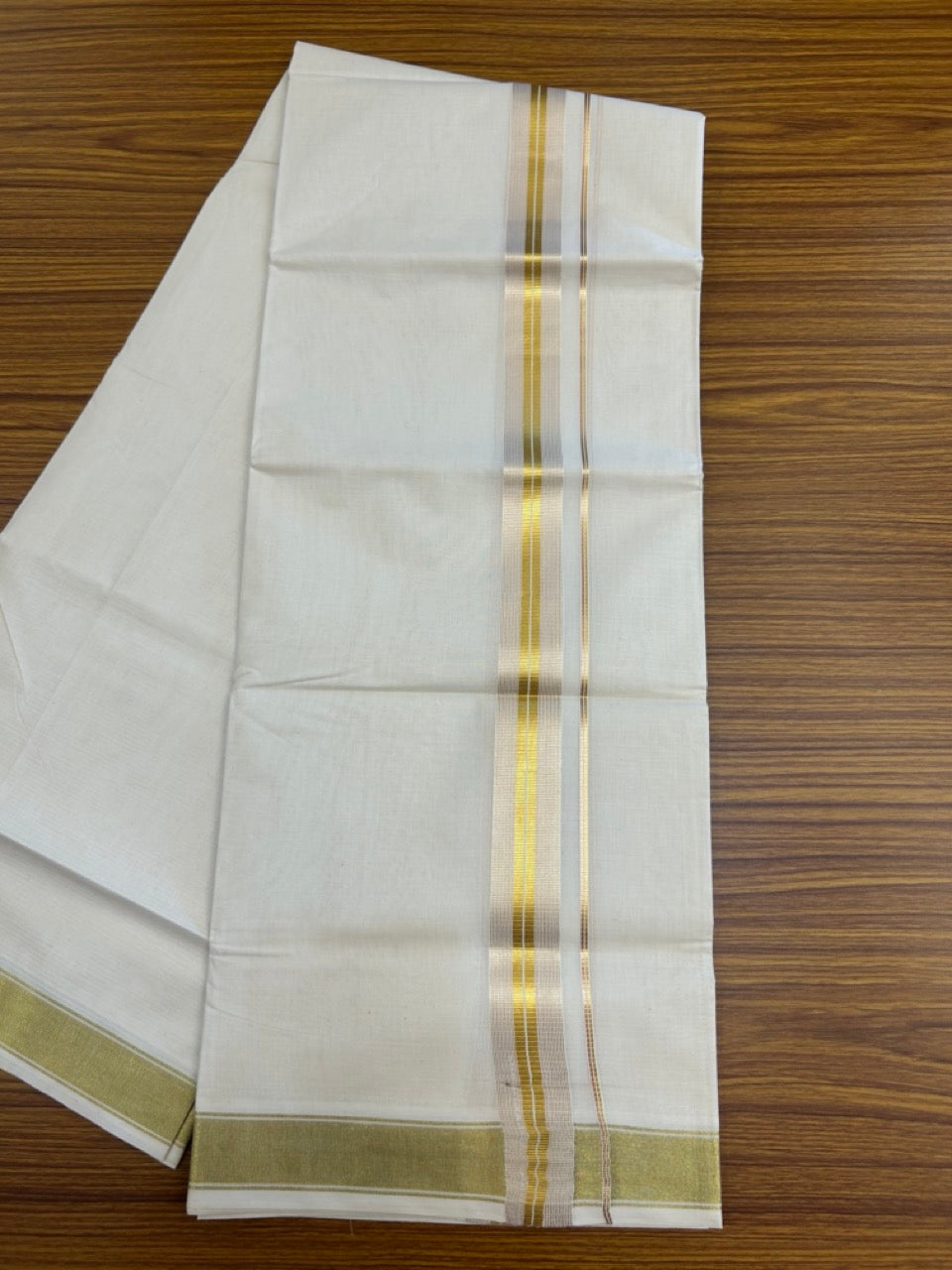 20% Discount! KaithariKada Balaramapuram 100% Cotton Double Off White - (Unbleached) Mundu/Dhoti - 80x80 - 1.5 inch Kasavu & Copper kasavu stripes kara - 4 mtrs - 29 KK5281 GAN