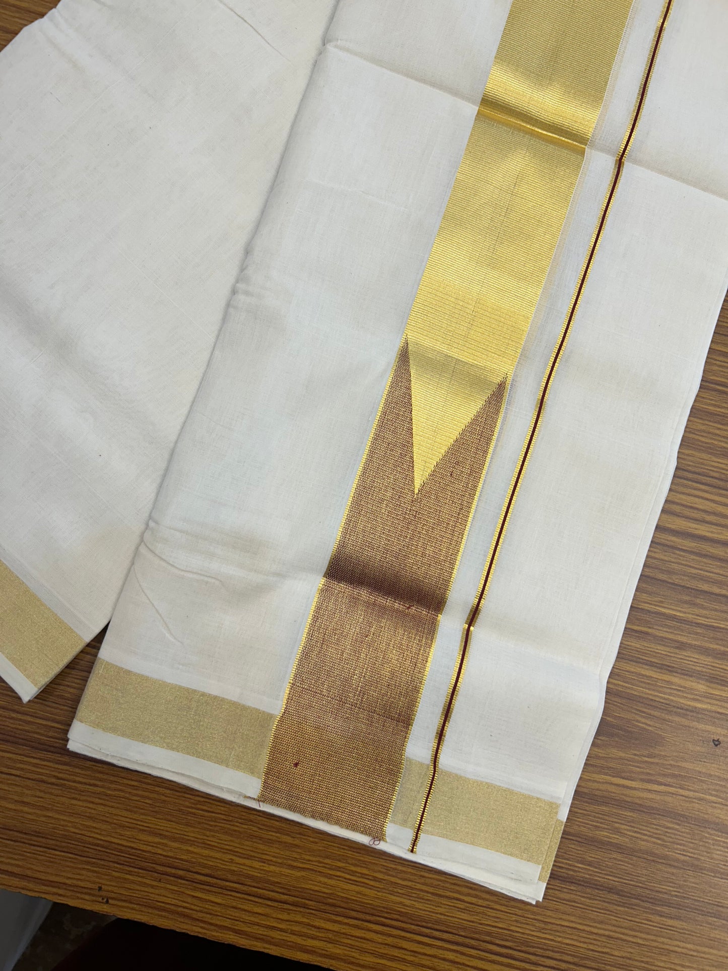 25% Discount ! KaithariKada Handloom Unakkupaav Kerala Handloom - 100% Pure Cotton Off White - (Unbleached) Double Mundu/Dhoti - 100x80 - 2.5 Inch Gold Kasav & Maroon Chutty kara 4 mtr( 8.5 muzham) - 30 KK5352 ABH