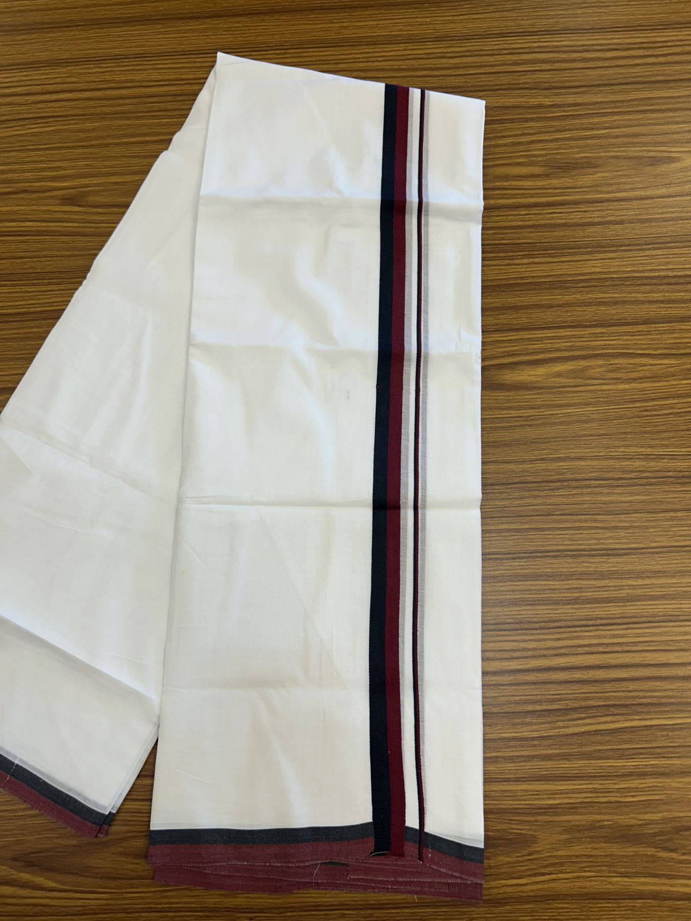 Dmk Veshti - 20% Discount ! KaithariKada 100% Cotton Pure White Double Mundu/Dhoti - 100X80 - 0.75 inch Black & Maroon Red kara 3.80 mtr (8 mulam)-  9 KK5319 THI