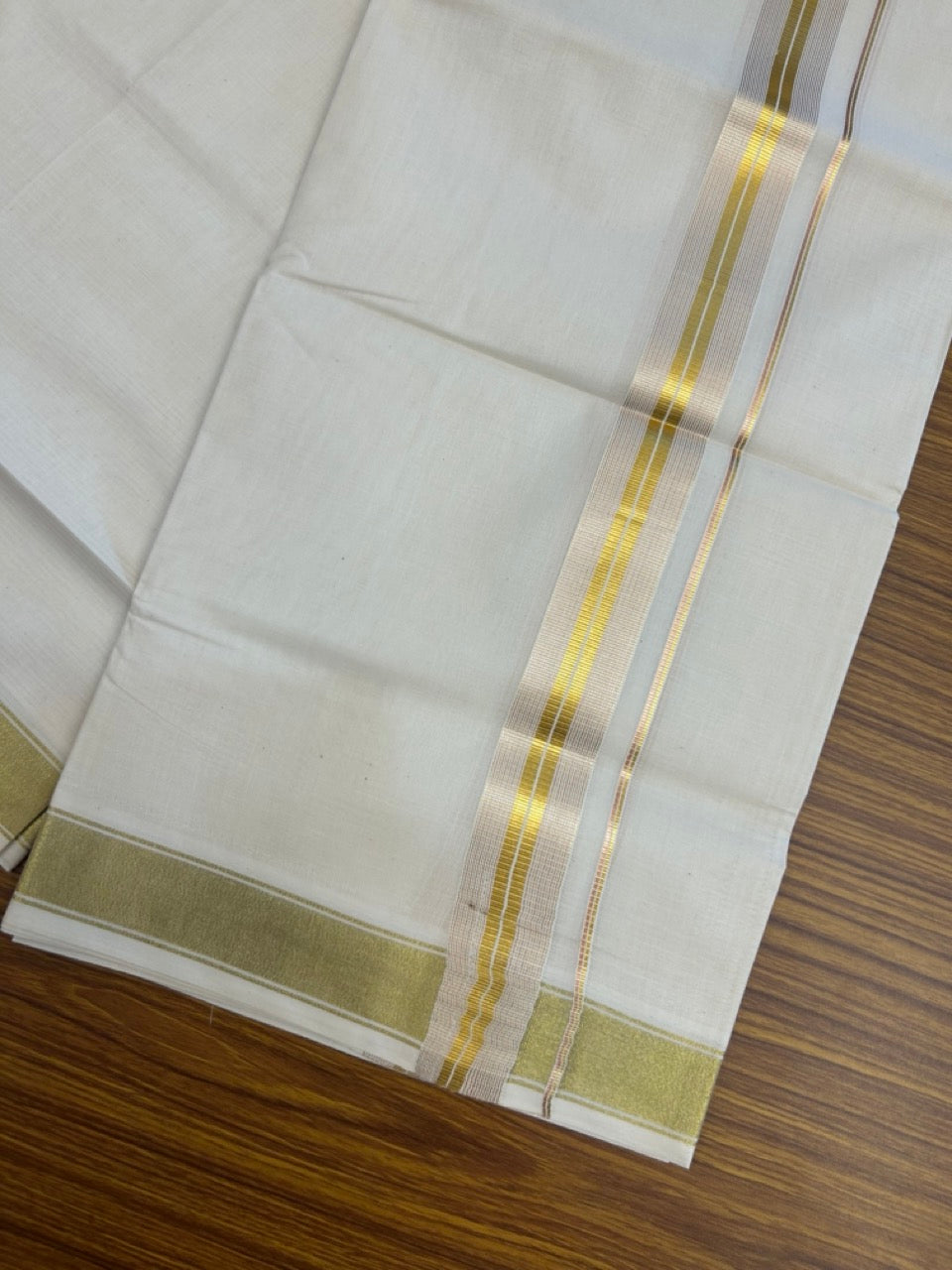 20% Discount! KaithariKada Balaramapuram 100% Cotton Double Off White - (Unbleached) Mundu/Dhoti - 80x80 - 1.5 inch Kasavu & Copper kasavu stripes kara - 4 mtrs - 29 KK5281 GAN