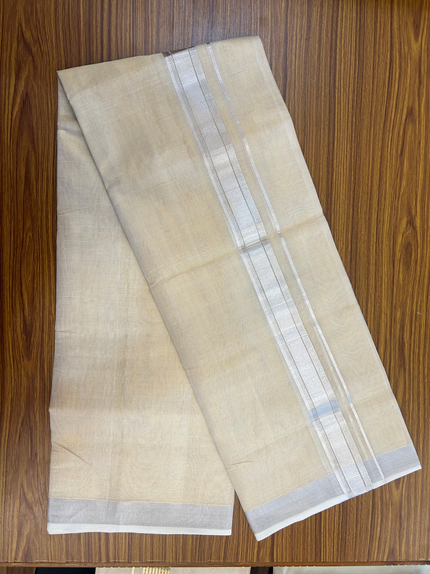 25% Discount ! KaithariKada Handloom Unakkupaav Kerala Handloom - Pure Cotton Off White - (Unbleached) Double Mundu/Dhoti - (100X80) - 1.75 inch Antique Silver Kasav Stipes Light Gold Kasavu Tissue Body 4 mtr (8.5 Muzham) - 34 KK5352 ABH