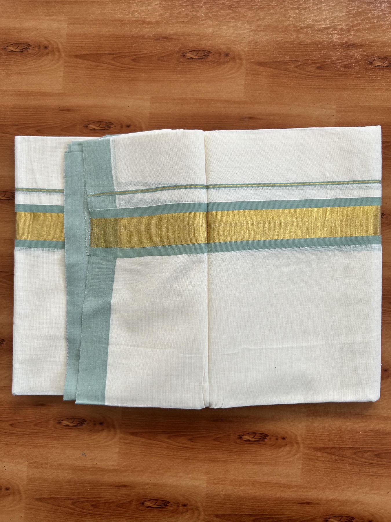 Double Off White - (Unbleached) Mundu/Dhoti - 20% Discount! KaithariKada Balaramapuram Pure Cotton - 80s - 1.25 inch Gold Kasav & Mint Green Kara - 4 mtr (8.5 Muzham) - 30 KK5416 GAN